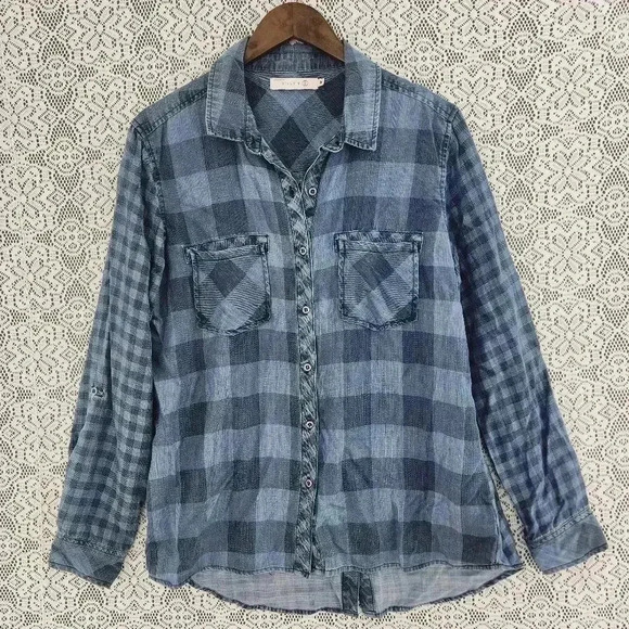 Billy T Lyocell button down plaid long/ tab sleeve women's shirt M - Picture 1 of 7